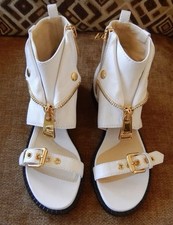 Auth Signature Moschino Coutour White Leather Biker Sandals Sz 8 Retail 1150.00