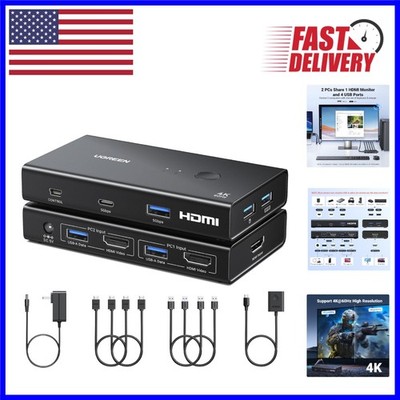 Seamless HDMI KVM Switch 2 Computers 1 Monitor with USB 3.0 Hub & Power Adapter