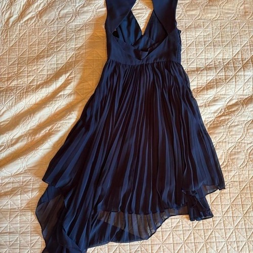 Maxandcleo Navy Blue Pleated Asymmetrical High Low Cutout Back Cocktail Dress 0