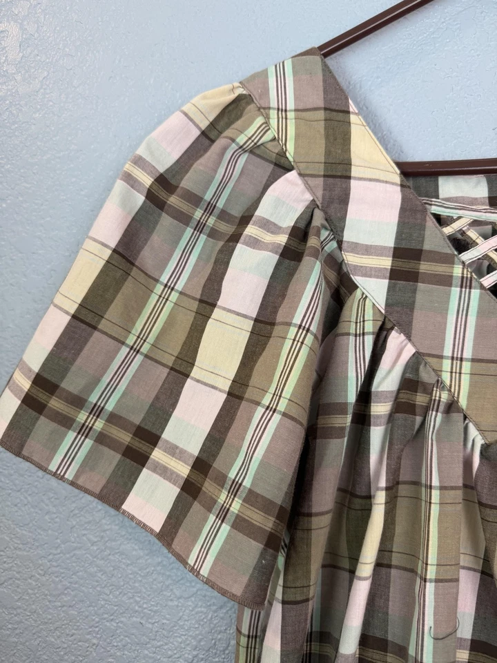 Vestido Haband para mujer mediano a cuadros manga corta con volantes bolsillo Cottagecore Foto 3 de 4