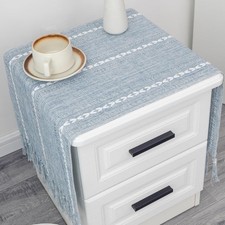 Farmhouse Rustic Blue Table Runner W/ Tassels Boho Linen Style Braided Striped
