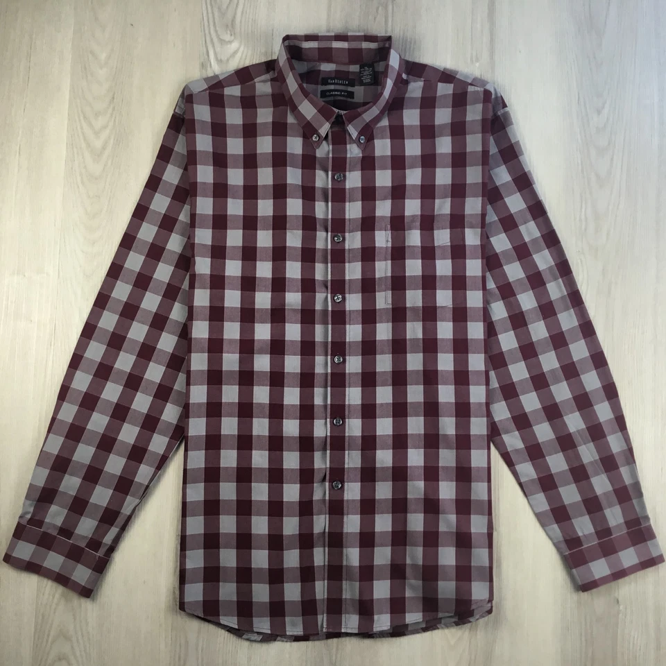 Van Heusen Mens Shirt XL Red Gray Check Classic Fit Long Sleeve Dress Utility - Image 2 of 4