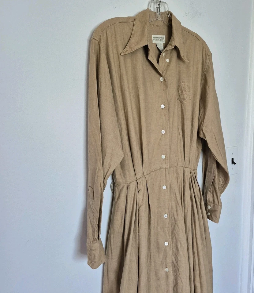 Vestido Camisa Largo Caqui Lino Viaje Banana Republic Safari Vintage Talla 8 Años 80 Foto 3 de 4