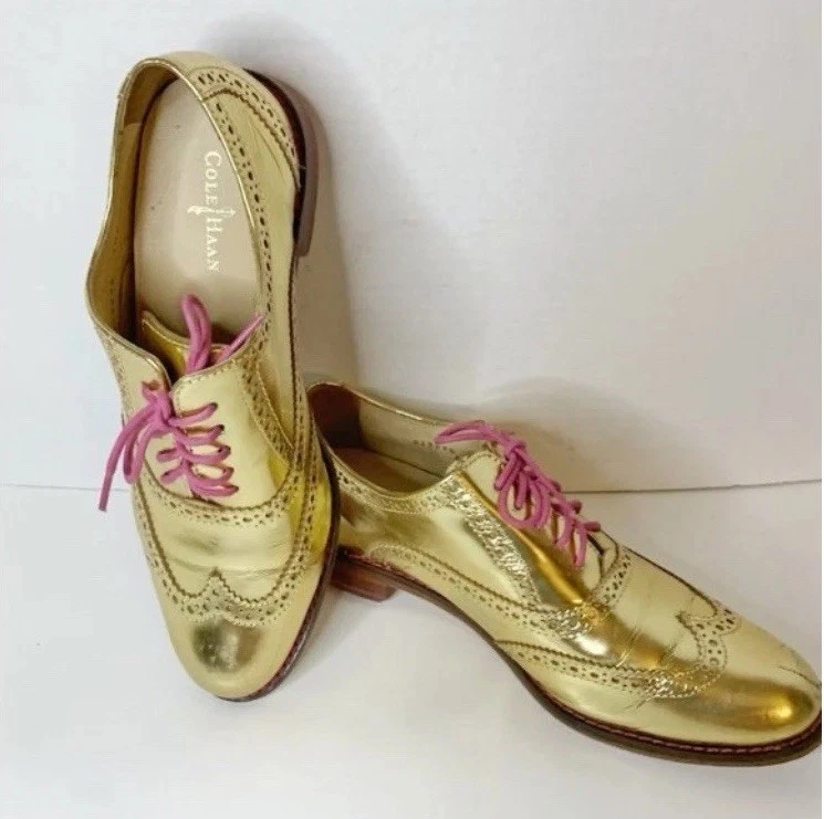 Zapato Cole Haan Skylar Metálico Dorado Con Cordones Oxford Punta de Ala Brogue Talla 7.5 Mujer Foto 2 de 4