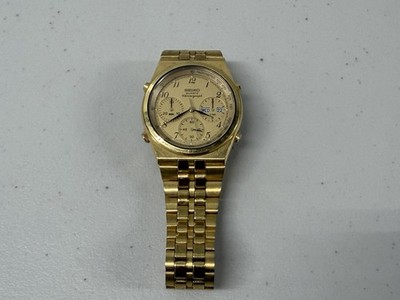 Vintage 1980s Seiko Quartz Chronograph Mens Watch Day Date Gold