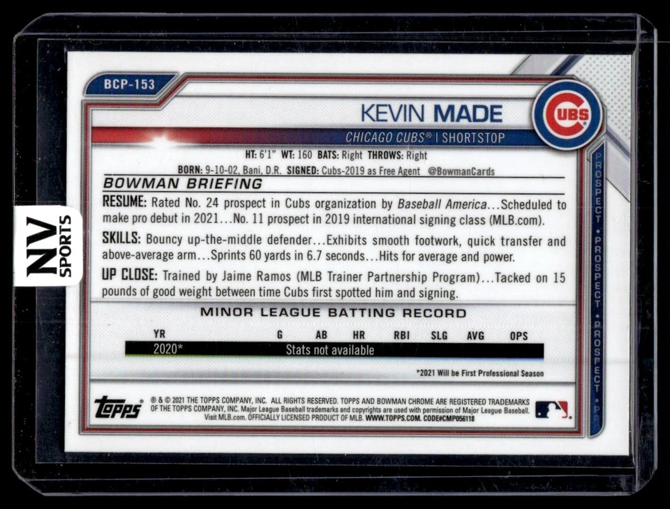 2021 Bowman Chrome Sapphire Edition Kevin Made Chicago Cubs #BCP-153 - Image 2 of 2