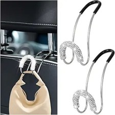 Car Headrest Hook, 2PCS Crystal Rhinestone Vehicle Seat Purse Bag White