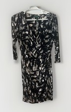 Lauren By Ralph Lauren Navy Cream Abstract Print Faux Wrap Dress Size 16