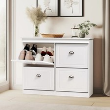 White Shoe Bench Cabinet 4 Drawer Flip Down Storage Unit Cushion Seat Organizer