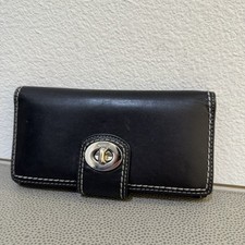 Coach Vintage 2000s Y2K Hampton Turnlock Black Leather Wallet Contrast Stitching