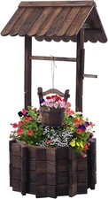 Garden Wooden Decor Rustic Wishing Well Planter Outdoor Home Décor for Patio, Up