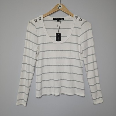 Veronica Beard Lizzie Top Size M Scoop Neck Silver Stripe Shoulder Buttons NWT