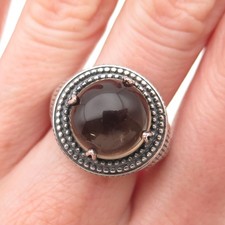 925 Sterling Silver Vintage Real Smoky Quartz Oxidized Dotted Ring Size 9