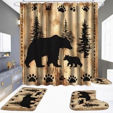 4 Pcs Shower Curtain for Cabin Bathroom Woodland Forest Nursery Rustic Bear
