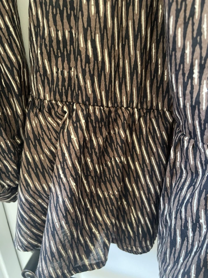 Banana Republic 女式长 Puff 3/4 袖 XL 码棉棕色 Blk 几何图案 — 第 3/4 张图片