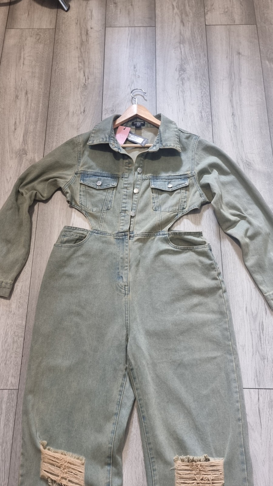 PLT Petite UK 14 Blue Denim Cut Out Jumpsuit Festival Y2K Distressed BNWT image 5