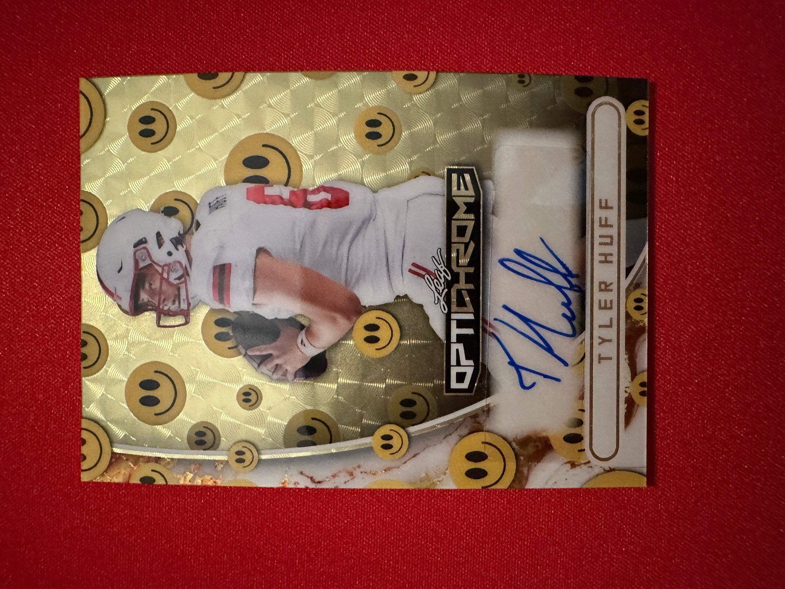 Tyler Huff 2026 Leaf Optichrome Football Smiley Gold Super Prismatic 1/1 Auto view 3
