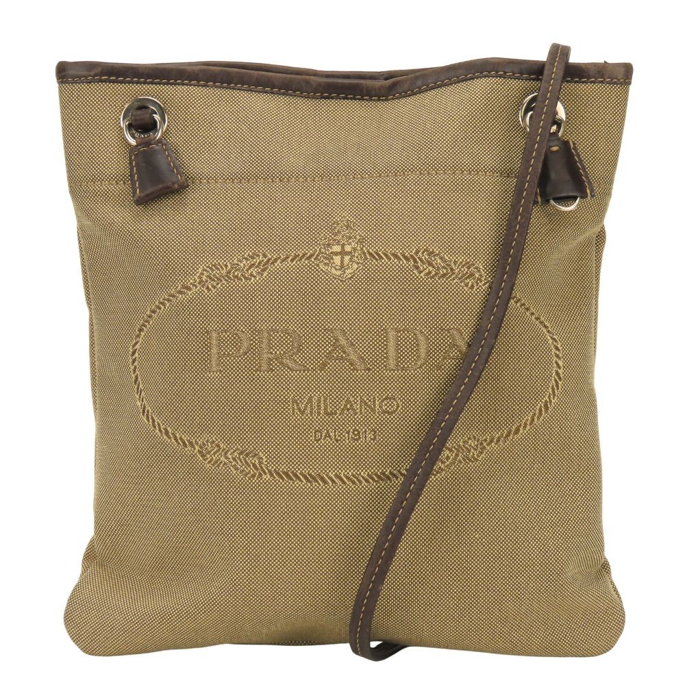 Borsa a tracolla Prada USATA tela/pelle beige marrone logo jacquard