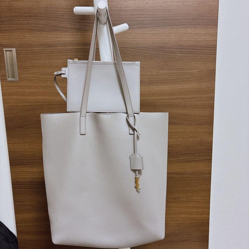 YSL Saint Laurent Tote Shoulder Bag Light Gray Leather Logo Charm Pouch Women's