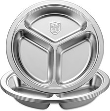 Set of 4 Stainless Steel Round Divided Plates, 9.5-Inch 3-Section Portion
