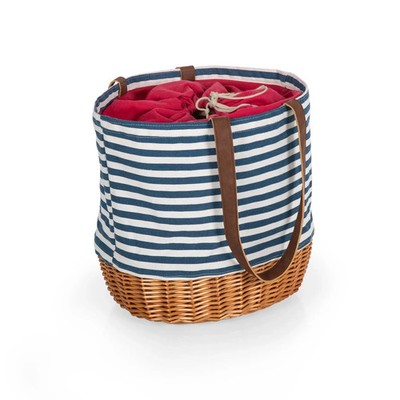 Picnic Time Coronado Canvas and Willow Basket Tote, Navy Blue with White Stripe