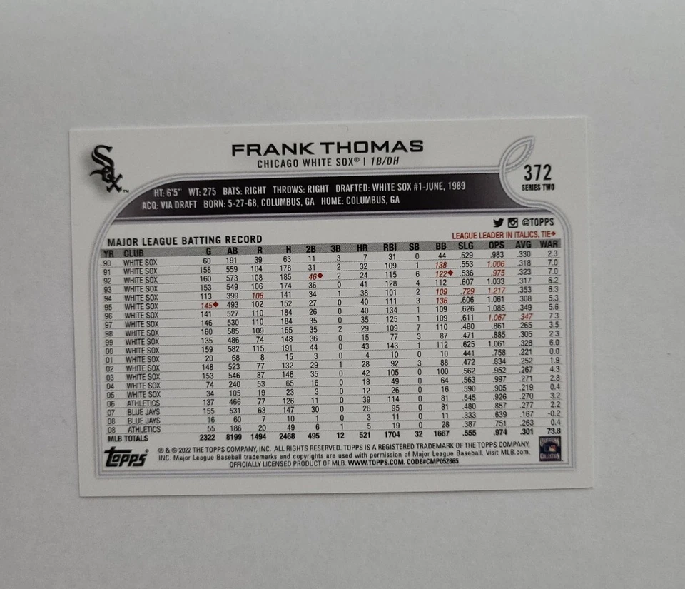 2022 Topps Series 2 Frank Thomas Photo Variation #372 - Image 2 of 2