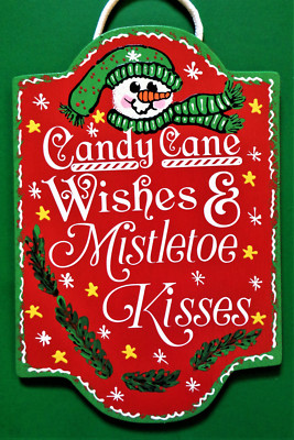 CANDY CANE WISHES & MISTLETOE KISSES SIGN Wall Art Door SNOWMAN Christmas Plaque