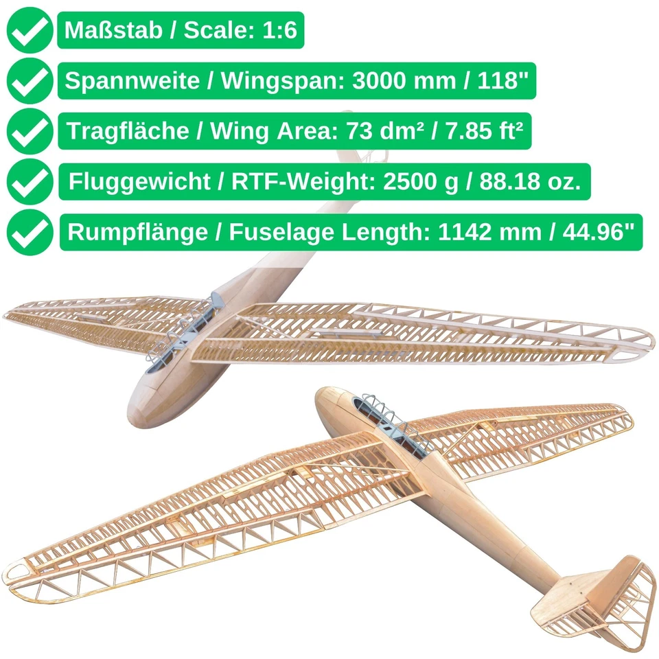DFS Kranich Modellflugzeug Kit 1:6 3000 mm Spannweite Holz Bausatz Gleiter bauen - Bild 2 von 4