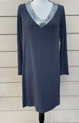 calvin klein sequin cowl back dress Calvin Klein Long Sleeve Dark Grey V Neck Sequin cowl back Cocktail Dress  Size 6