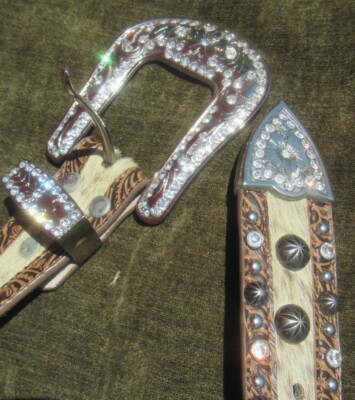 SSM Western Crystal Cowgirl Embellished Gray Fur Belt Gorgeous s-l400.jpg main image 3
