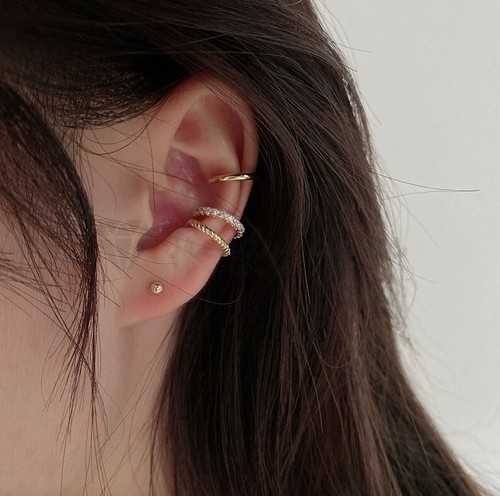 Ear Cuff 3pcs Set Sterling Silver Round CZ Gold Plated Cartilage Helix Clip On - Picture 5 of 8