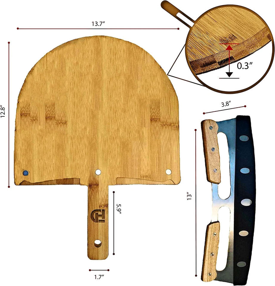 Cáscara de pizza de bambú natural premium con juego de espátula cortador magnético Foto 3 de 4