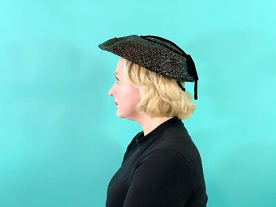 Vintage 1950s Wicker Hat Womens Large Black Sun Velvet Detail Vintage 1950s Wicker Hat Womens Large Black Sun Velvet  main image 3