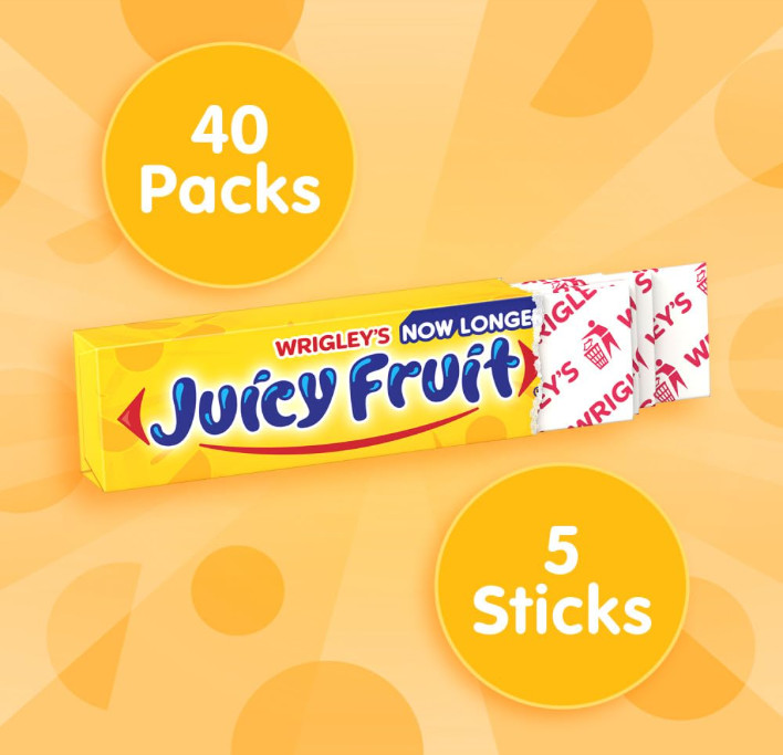 NEW!!!JUICY FRUIT Original Bubble Gum Chewing Gum, 5 Stick (Pack of 40)(BB06/25)