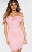 PrettyLittleThing Pink Ruffle and Ruched Dress Size UK 12 / USA 8 - Coquette