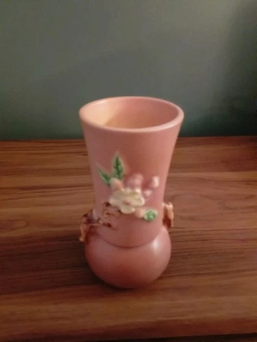 Vtg 1940s Roseville Art Pottery USA 381-6" Apple Blossom Flower Vase Pink