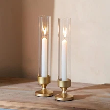 Set of 2 Gold Hurricane Candle Holders with Glass, Metal Taper Candle Decor
