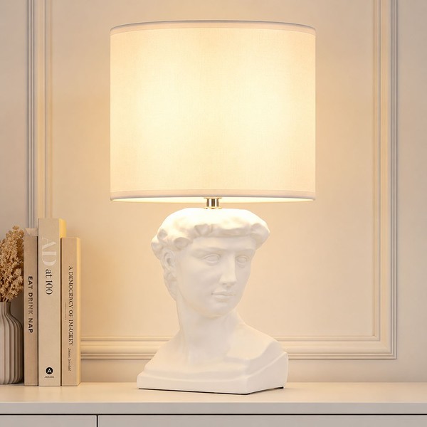 Beistellleuchte Tischlampe Nachttischleuchte E14 Skulptur Keramik Weiß Textil-image