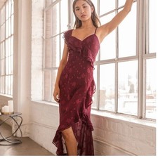 Lulus Womens XS Forever Be Burgundy Floral Jacquard Ruffles Maxi Dress Cocktail