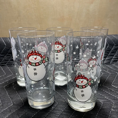 5 Vtg Libbey Snowman Christmas Glasses Tumbler  Winter Holiday Excellent