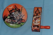 vintage Halloween tin U.S. METAL TOY NOISEMAKER LOT x2 witch cat owl cauldron