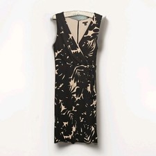 Ann Taylor Black/Cream Leaf Print Faux Wrap Sleeveless Sheaf Dress