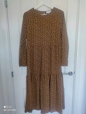 ASOS Open Back Mustard Leopard Print Midi Smock Dress Size 14 Long Sleeves