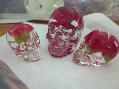 Carnation Embedded Skeleton Heads Set Of Three Three Handmade One Of A Kind