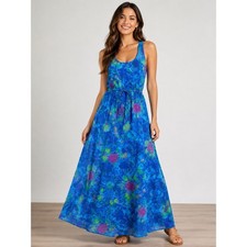 Collective Concepts Blue Floral Racerback Maxi Dress with Pockets Small