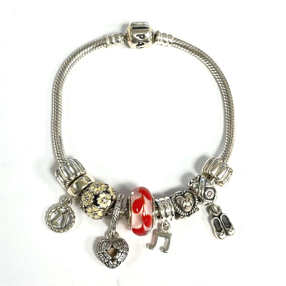 PANDORA 925 Silver Bracelet w/9 St. Silver PANDORA Charms