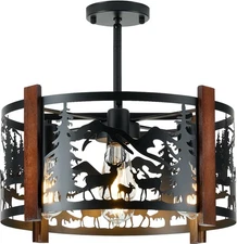 Farmhouse Rustic Deer Ceiling Light Fixtures, 4-Light Round E26 Base Black Metal