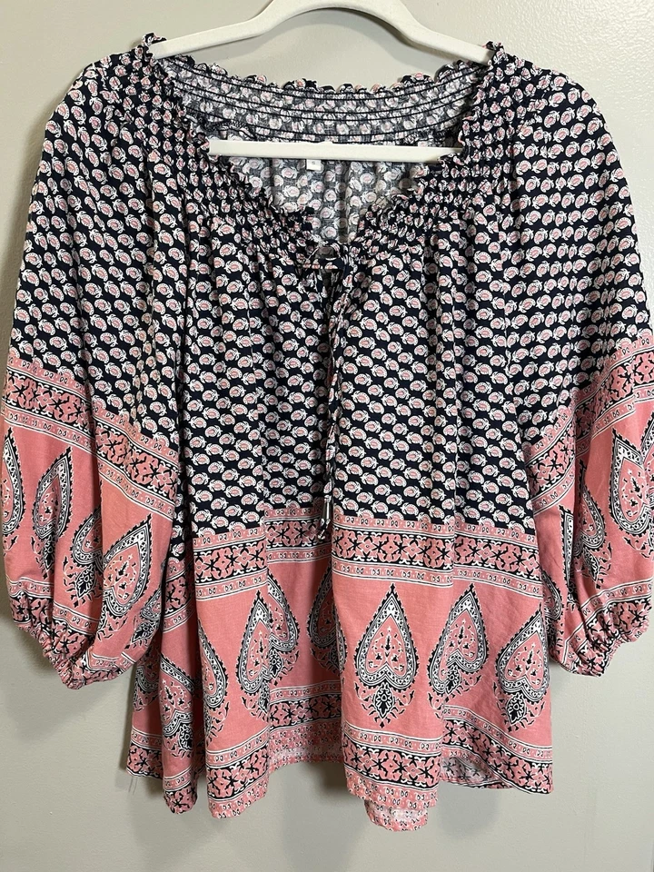 Women’s C&C California Peasant Floral Linen Blend Boho Top Small Hippie - Image 3 of 4