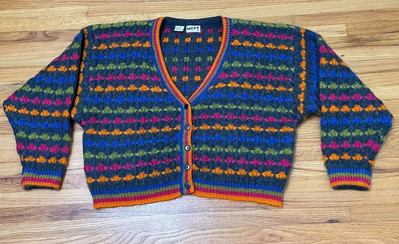 Mexx Cardigan Sweater Women's M Blue Geometric Fuzzy  Button Mohair Striped