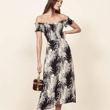 REFORMATION Murphy Off The Shoulder MIDI Dress Size 2 Black Amazon Print Smocked